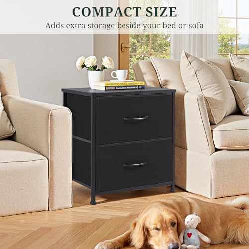Nightstand Set of 2 Upgraded Small 2 Drawer Dresser End Table | Bedside Furniture, Wooden Top Fabric Bins for Bedroom, Closet, Entryway, Dorm, 11.8" D x 18" W x 20", Black - color: Black