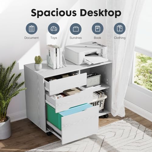 DUMOS File Cabinet with 3 Drawers, Wood Under Desk Storage Printer Stand | Rolling Lateral Filing Cabinet with Adjustable Shelves for Home Office Study Organizatiom, Classic White - color: Classic White