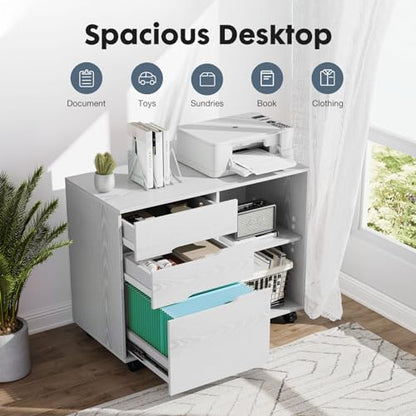 DUMOS Wood File Cabinet with 3 Drawers, Rolling Printer Stand | Under Desk Storage Organizer Home Office Space with Shelves for Files and Office Supplies, White - color: White Wood