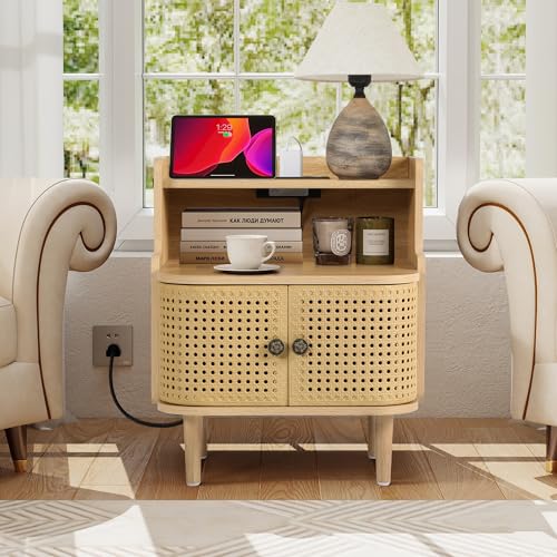 Storage End Table with 2 Door, Bed Side Table with Charging Station, Metal Rattan Nightstand for Bedroom, Desk Side Table for Living Room Couch Sofa, Office, Small Spaces - Natural - size: Door Natural-1pcs
