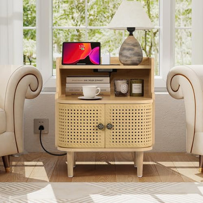 Storage End Table with 2 Door, Bed Side Table with Charging Station, Metal Rattan Nightstand for Bedroom, Desk Side Table for Living Room Couch Sofa, Office, Small Spaces - Natural - size: Door Natural-1pcs