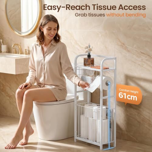 Freestanding Toilet Paper Holder Stand with Storage forSmall Bathroom Space | Holds 9 Spare Rolls, Phone, Wipes & Magazines –Large Capacity Toilet Paper Stand – Toilet Roll Dispenser and Organizer - color: White