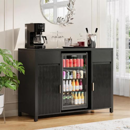Garvee 53" Coffee Bar Cabinet with Fridge Space & Charging Station, Mini Fridge Cabinet with Wine Rack, Large Buffet Sideboard Table, Fluted Liquor Cabinet for Living Room, Dining Room, Kitchen, Black