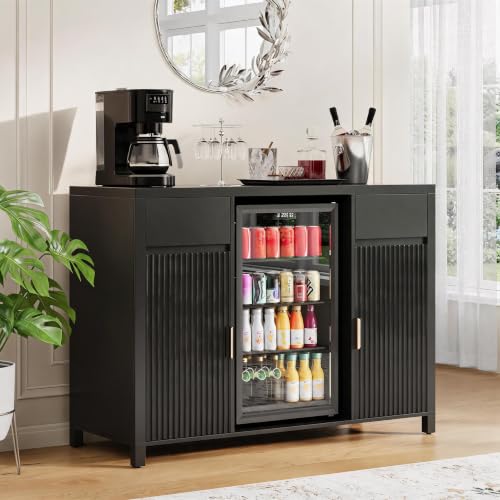 Garvee 53" Coffee Bar Cabinet with Fridge Space & Charging Station, Mini Fridge Cabinet with Wine Rack, Large Buffet Sideboard Table, Fluted Liquor Cabinet for Living Room, Dining Room, Kitchen, Black