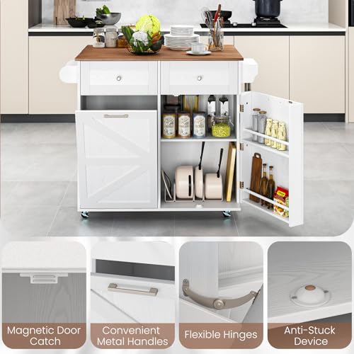 Giantex Kitchen Island Cart with Hidden Tilt Out Trash Can Cabinet, Drop Leaf, 2 Drawers, Towel Rack, Rolling Mobile Breakfast Bar Table, Wood Kitchen Storage Cart on Wheels (White & Natural) - color: White