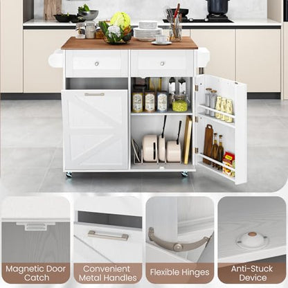 Giantex Kitchen Island Cart with Hidden Tilt Out Trash Can Cabinet, Drop Leaf, 2 Drawers, Towel Rack, Rolling Mobile Breakfast Bar Table, Wood Kitchen Storage Cart on Wheels (White & Natural) - color: White