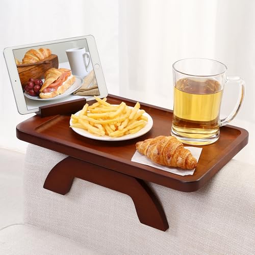 SINWANT Couch Arm Tray with 360° Rotating Phone Holder,Bamboo 15.35"x9.85" Folding Wide Sofa Arm Tray,Anti Slip Clip on Side Table Couch Armrest for Snacks,Drinks,Remotes - color: Walnut