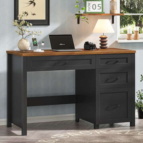 Halitaa Farmhouse 47" Executive Desk with 4 Drawers, Computer Desk with File Drawer and Charging Station, Workstation for Home Office, Study.Black Brown - color: Black Brown, size: with Charging Station