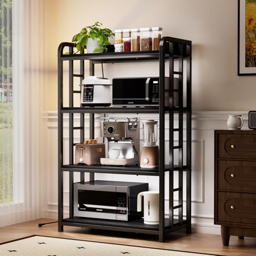 Adjustable Bakers Rack with Power Outlet, 4 Tier Microwave Oven Stand, Heavy Duty Kitchen Storage Rack for Garage Dining Room, Black