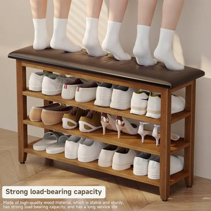 Shoe Bench with Leather Cushion,Rubberwood Bench with Shoe Rack | 3-Tier Shoe Storage Organizer for Entryway,Hallway,Living Room - size: 3-Tier-39.4"