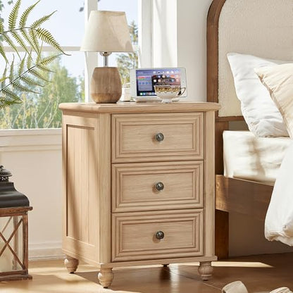 RWYHG 18" Nightstands Set of 2 with Charging Station & 3 Drawers | Farmhouse Modern Night Stand, Bedside Table with Metal Handle, Bed Side End Tables for Bedroom Living Room (Natural) - color: Natural, size: 18"D x 18"W x 24"H (3 Drawers)