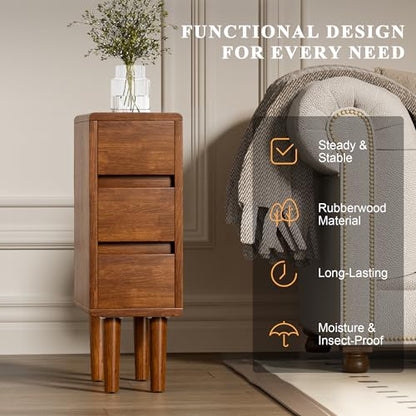 Narrow Nightstand with 3 Drawers Narrow Night Stand Solid Wood Bedside Table Mid Century Modern Nightstand Wooden End Table for Bedroom, Study, Office - color: Walnut-3d, size: 15.75''×8''×23.62''