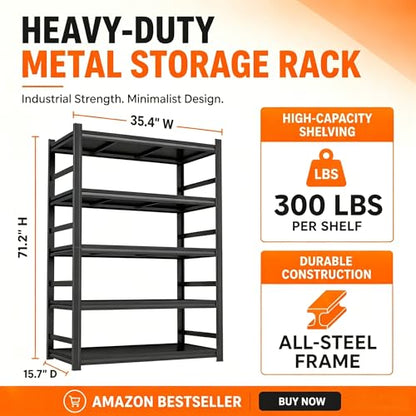 Bolt-Free Metal Bookshelf, Adjustable Tall Bookcase with Anti-Drop Fence, Heavy Duty Deep Book Shelf, Large Office Bookshelf, Modern Storage Shelves for Bedroom, LivingRoom, Garage - size: 5-Tier 36"W x16"D x71"H