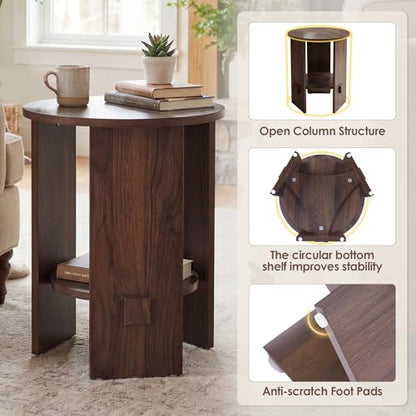 Round End Table with 2-Tier Storage Set of 2, 15.5” Small Side Table for Living Room, Modern Nightstand with Open Shelf, Compact Accent Table for Bedroom, Sofa Side, Small Spaces (Walnut) - color: Walnut