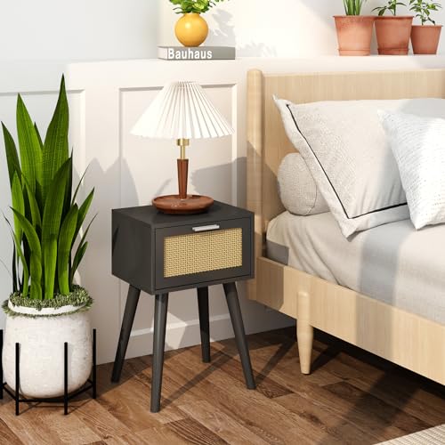 LAATOOREE Nightstand Set of 2, Small End Table with Rattan Door, Bedside Table with Solid Wood Feet, Boho Side Table for Bedroom Living Room Small Space, Black - color: Black, style: Boho Style