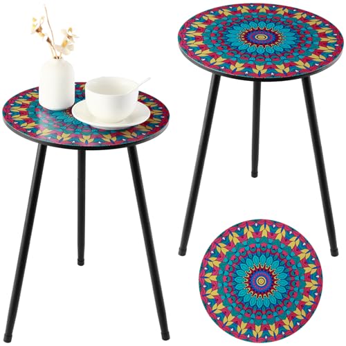 2 Pack Metal Mosaic Round Side Tables 13.4" Small Outdoor Patio Round Accent Coffee Tables Indoor Corner Stand for Small SpacesWeather-Resistant for Balcony, Porch Plant Stands Indoor, Rainbow Mandala - color: Rainbow Mandala, style: 2 packs/ 13.4 in
