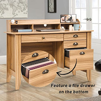 Catrimown Computer Desk with Drawers and Hutch, Farmhouse Home Office Desk with File Drawer,Student Girls Desks,Teens Writing Table, Small Computer Desk for Bedroom, Rustic Oak - color: Rustic Oak