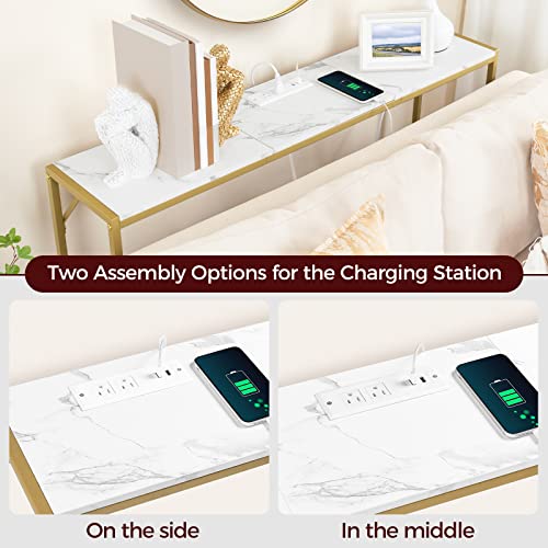 MAHANCRIS Console Table, Narrow Sofa Table, 43.7” Entrance Table with Power Station, Behind Couch Table, Simple Style, for Living Room, Hallway, Entryway, Foyer, Marble and Gold CTJM112E01 - color: Marble, Gold