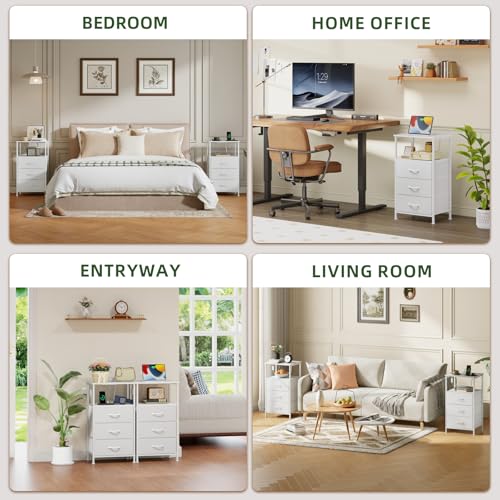 Somdot Nightstands Set of 2 with 3 Drawers, Charging Station & LED Light | Open-Shelf End Tables for Bedside, Small Spaces, Bedroom, Entryway and Hallway, White - color: White, size: 11.8"D x 15.7"W x 28.3"H (3 Drawers)