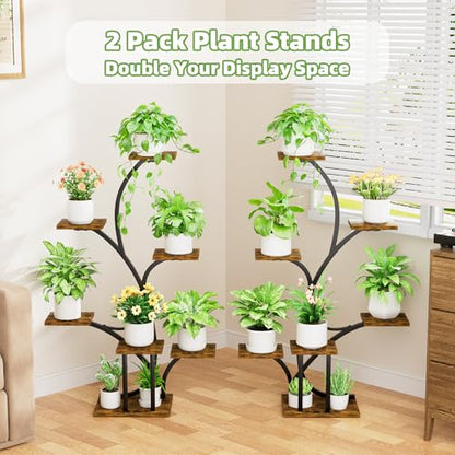 Plant Stand Indoor with Grow Lights - 2 Pack Plant Shelf, 7 Tier Lighted Corner Plant Stands for Indoor Growing, 40" Metal Flower Holder, Tree-Shaped Display Shelves with Adjustable Light, Black