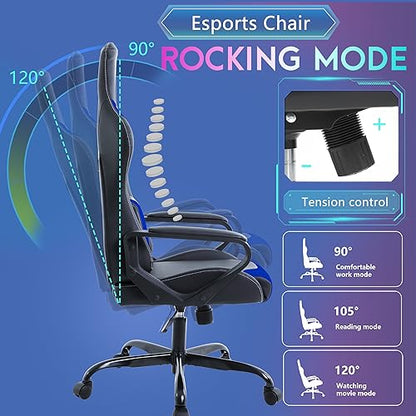 PayLessHere Ergonomic Racing Desk Chair Gaming Chair Computer Chair with Armrests 360° Swivel & Caster Pu Desk Task Chair Executive Headrest Lumbar Support for Back Pain Women Men and Adults, Blue - color: Blue