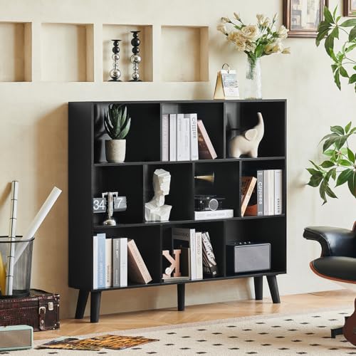LEYAOYAO 8 Cube Bookshelf, Mid-Century Modern Book Shelf with Legs, Black | 3 Tier Bookcase, Rustic Wood Bookshelves Freestanding Large Storage Organizer, Open Shelves for Bedroom, Living Room, Office - color: Black, size: 10 Cube with Legs