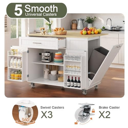 Kitchen Island with Storage, Island Table for Kitchen with Widen Drop Leaf Rubberwood Top, Trash Can Storage and Towel Bar, Rolling Kitchen Island Cart on Wheels for Indoor Outdoor, White