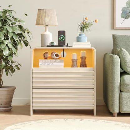 Fameill Fluted Nightstands,Nightstand with Charging Station,LED Night Stand with Two Drawers,Bedside Table with USB Ports and Outlets,Modern End Table for Bedroom (White) - color: White