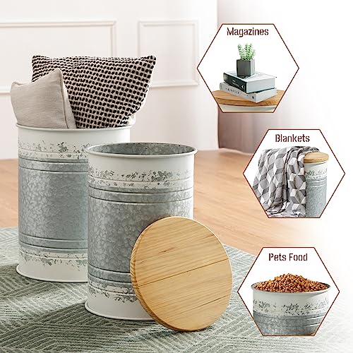 Glitzhome Rustic End Table Set of 2, Farmhouse Galvanized Metal Barrel Ottoman Storage Stool with Round Wood Lid for Living Room Furniture, Distressed White - color: Distressed White