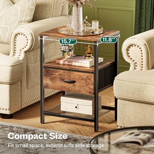 Huuger Nightstand Set of 2, Night Stand with Fabric Drawer, Mesh Shelf, Side Table with Storage, Fabric Drawer Dresser, Open Shelf, Metal Frame, Bedroom, Rustic Brown - color: Rustic Brown
