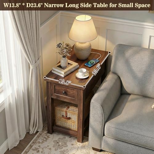 Armocity Narrow End Table with Charging Station - Farmhouse Side Table with Drawer, 14" Wide Wood Nightstand Slim Couch Bedside Table for Living Room Bedroom Small Spaces, Black Walnut - color: Black Walnut, size: 1 Pack