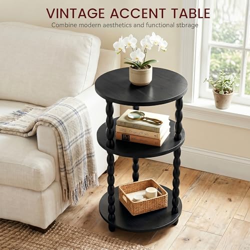 Small Round Side Table, 3-Tier Solid Wood End Table with Storage Shelf, Modern Bedside Tables Night Stand for Living Room, Bedroom, College Dorm, Small Space (Black) - color: Black