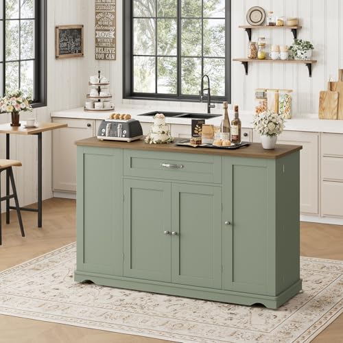 HOSTACK Kitchen Island Cart with Storage, 47'' Kitchen Storage Island on Wheels with 2 Drawers, Rolling Island Table with Adjustable Shelves, Mobile Buffet Sideboard Cabinet for Dining Room, Green - style: Green + Rustic Brown