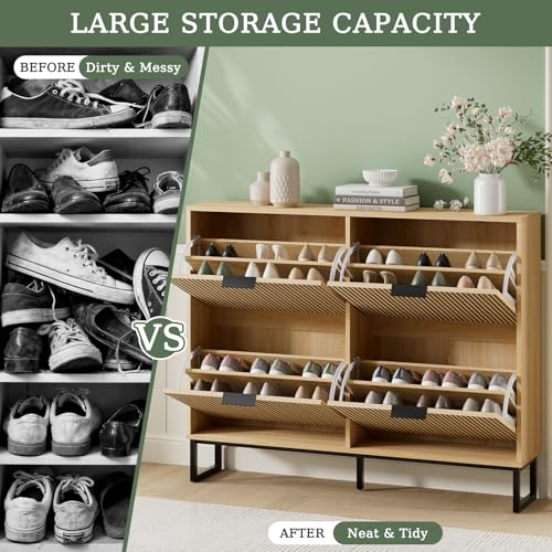 Shoe Cabinet Storage with 4 Flip Drawers, Narrow Hidden Shoe Organizer Cabinet for Entryway, Modern Freestanding Slim Shoe Rack Organizer Shoe Cupboard for Hallway, Natural Wood - size: 4 Flip Drawers