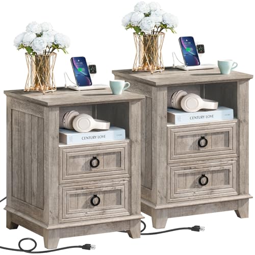 Joaxswe 18" Farmhouse Night Stands Set of 2 with Charging Station, 2 Drawers End Table Dresser for Bedroom, Oak Wooden Nightstand, Bed Side Table with Open Shelf, Bedside Cabinet for Living Room - color: Oak Set 2, size: 2 Drawers