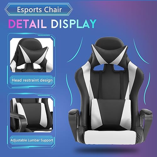 PayLessHere Ergonomic Racing Desk Chair Gaming Chair Computer Chair with Armrests 360° Swivel & Caster Pu Desk Task Chair Executive Headrest Lumbar Support for Back Pain Women Men and Adults (White) - color: White