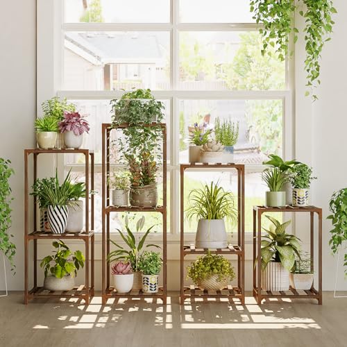 Bamworld Plant Stands Indoor 4 Sets Plant Shelves Outdoor | Wooden Plant Holder for Multiple Plants Flower Stands for Living Room Balcony Garden Patio Lawn Window - color: Brown, size: 4 Sets