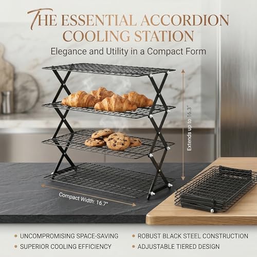 4-Tier Collapsible Cooling Rack for Baking | Adjustable Stackable Wire Rack for Cookies, Cakes & Roasting | Space-Saving Foldable Design for Small Kitchens & Camping (Black) - color: Black