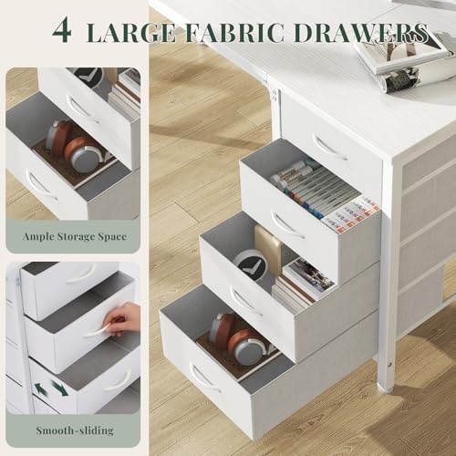 47" Computer Desk with Power Outlets and LED Lights, White | Gaming Desk with Drawers and Monitor Stand, Reversible Home Office Desk for Working Writing Study