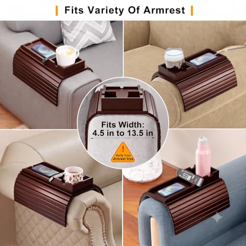 Bestjing Bamboo Couch Armrest Table, Sofa Arm Tray with Detachable Couch Cup Holder- 2 in 1 Anti-Slip Foldable Sofa Armchair Caddy Table for Drinks Cellphone TV Remote Snacks (Walnut)