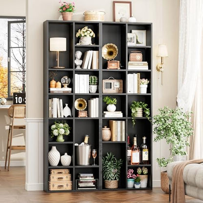 FOTOSOK 71'' Tall Bookshelf with 14 Cubes, 7 Tier Double Wide Black Bookshelf with 6 Adjustable Shelves, 19.6" Narrow Bookcase DVD/CD Media Storage, Space Saving Display Shelf Cabinet, Black - color: Black