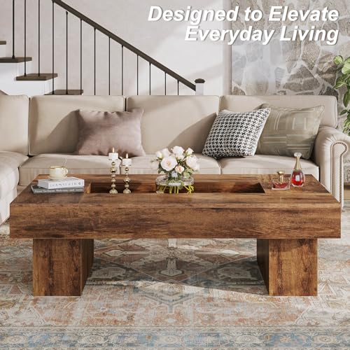 LVB Rustic Coffee Table, Large Wood Living Room Table with Storage, Modern Long Rectangle Led Center Table, Farmhouse Unique Low Wide Tea Table with LED Light for Home Office, 47.24 in, Rustic Brown - color: Rustic Brown