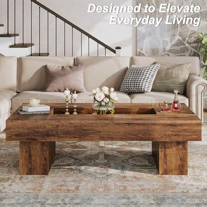 LVB Rustic Coffee Table, Large Wood Living Room Table with Storage, Modern Long Rectangle Led Center Table, Farmhouse Unique Low Wide Tea Table with LED Light for Home Office, 47.24 in, Rustic Brown - color: Rustic Brown