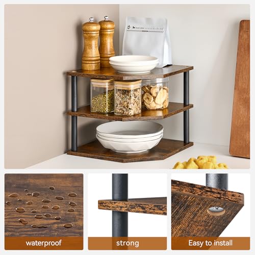 Wooden 3 Tier Corner Shelf, Countertop Storage Organizer for Kitchen Cabinets and Desk, Plates, Dishes, Bread and Small Space Decor, Adjustable