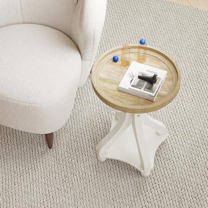 Accent Wood Farmhouse End Table, Round Side Tables, Nightstand Natural Tray Top and Distressed Carved Legs for Bedroom Living Room, White - size: 1-pc, style: Round