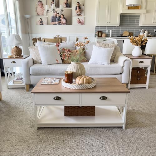 PHI VILLA End Table Living Room Set of 2 - Farmhouse Bedroom Nightstands Small Bedside Table, Ivory White Side Table - color: Ivory 1