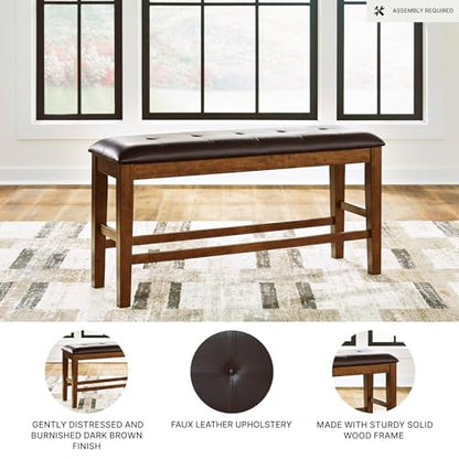 Signature Design by Ashley Upholstered Counter Height Dining Bench, Brown | Space-saving 50-in backless solid wood frame, Plush combination of leather and faux leather cushion, Ralene Series - color: Medium Brown, style: Counter Height Bench