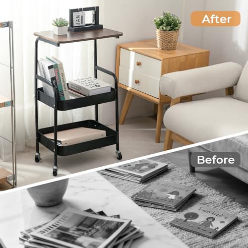3-Tier Rolling Storage Cart with Wooden Top, Mobile Organizer on Wheels | Keeps books, folders and daily essentials neatly organized while adding convenient workspace in any room.