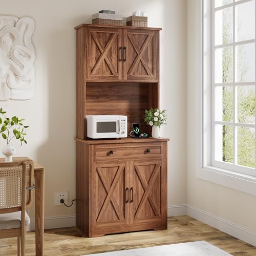 GarveeLife 71" Pantry Cabinet with Charging Station, Tall Kitchen Pantry Storage Cabinet with Microwave Stand, Large Farmhouse Kitchen Hutch with Cabinet Doors & Drawer for Living Room, Dining Room - color: Brown