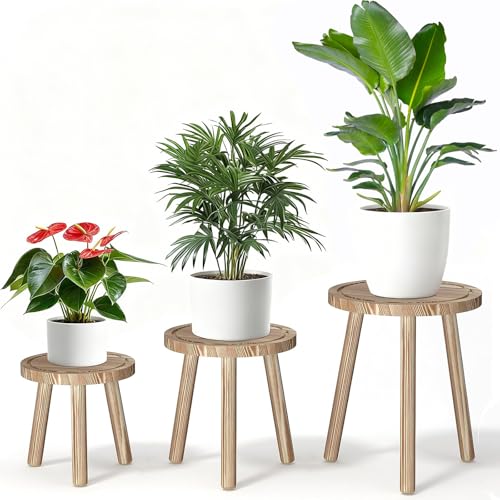 3 Pack Plant Stand Indoor Outdoor Mid-Century Modern Plant Stool Wooden Plant Pot Holder Home Decor for Gardening Living Room,Balcony,Office (Light Burnt Color, 3 Pack) - color: Light Burnt Color